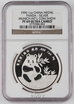 Expo internationale numismatique de Munich 1990 Chine 1 oz médaille pièce Panda en argent Proof NGC PF69 UC