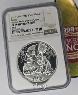 Exposition de Kuala Lumpur 2018 en Chine. Médaille Panda en argent 999 de 60 g NGC PF69 Ultra Cam