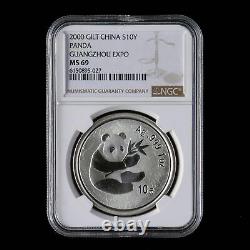 Exposition de pièces de monnaie et de timbres de Guangzhou en Chine 2000 - Pièce d'argent Panda de 10 Yuan de 1 once NGC MS69