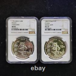 Grande et Petite Date 1996 Chine 10 Yuan 1 oz Pièce en Argent Panda NGC MS69