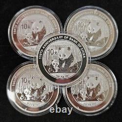 Lot de 5 pièces de monnaie en argent Panda de Chine de 10 Yuans, 1 once, 2012 BU