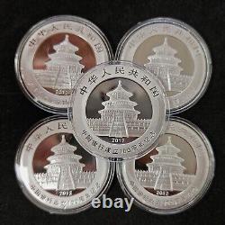 Lot de 5 pièces de monnaie en argent Panda de Chine de 10 Yuans, 1 once, 2012 BU