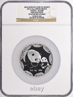 Médaille Panda en argent de Chine rare de 2012 de 5 onces, Philadelphia ANA, NGC Proof-69 UC.
