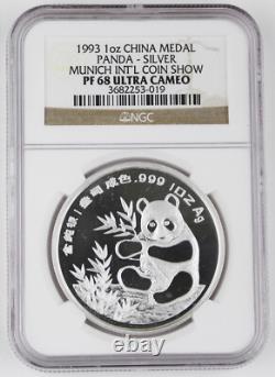 Médaille Pièce Proof Panda en Argent 1 Oz Expo Internationale de Monnaies de Munich 1993 Chine NGC PF68 UC