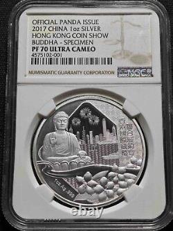 Médaille d'argent spécimen de 1 once du Panda Bouddha du Show de pièces de monnaie de Hong Kong 2017 NGC PF70