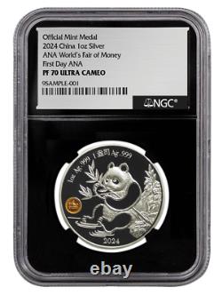 Médaille du Premier Jour Panda 1 oz Argent NGC PF 70 UCAM Foire Mondiale ANA Chine 2024