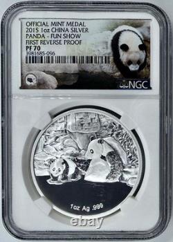 Médaille en argent Panda de 1 oz 2015 Chine FUN Show NGC PF70 Première épreuve inversée avec boîte