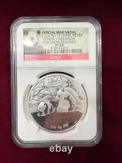 Médaille en argent Panda de Chine 2015 FUN Show 1 oz NGC PF 69 avec boîte et certificat d'authenticité