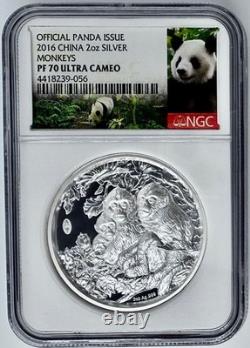 Médaille en argent de 2 oz PANDA de 2016 avec les singes dorés de Chine et la Grande Muraille NGC PF70UCAM + COA