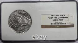 Médaillon Panda argenté 1991 de 3,3 oz, 10e anniversaire, NGC MS69