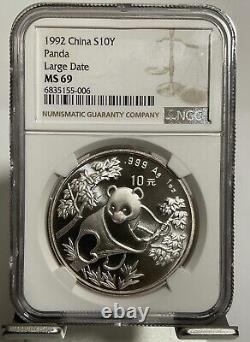 Monnaie en argent Panda de 10 YUAN de Chine 1992 1 oz grande date NGC MS 69