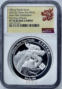 Monnaie en argent de 2 oz Panda Dragon Célébration du Nouvel An 2021 NGC PF70UCAM FDOI COA