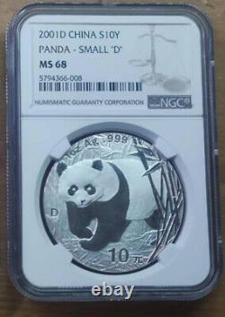 NGC MS68 Chine 2001 1 oz Pièce en Argent Panda avec D Mark (Variété Rare Petit 'D')