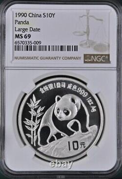 NGC MS69 1990 Panda de Chine 1 oz de pièce en argent Date large