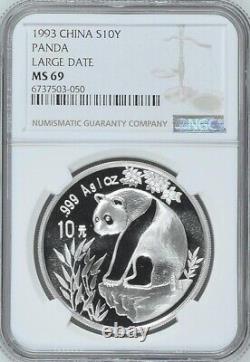 NGC MS69 1993 Panda de Chine 1oz Pièce en Argent Grande Date