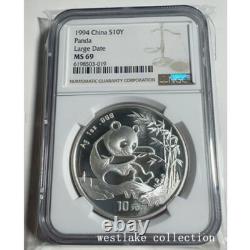 NGC MS69 1994 Chine 10 Yuan Panda Pièce en Argent 1 oz Grande Date