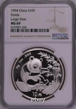 NGC MS69 1994 Chine Panda 1 oz Pièce d'Argent Grande Date