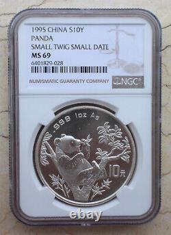 NGC MS69 1995 Chine 1 oz Pièce Panda en argent (Petite brindille Petite date, Micro date)