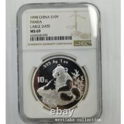 NGC MS69 1998 Chine 10 Yuan Panda Pièce en Argent 1oz Grande Date Ag. 999