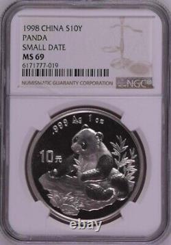 NGC MS69 1998 Chine Panda 1oz Pièce en argent Petite Date