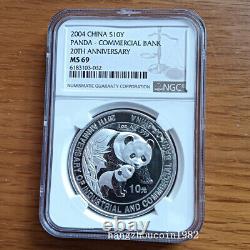 NGC MS69 2004 Chine 10YUAN Le 20e Ann. Fondation de la pièce d'argent Panda ICBC 1OZ