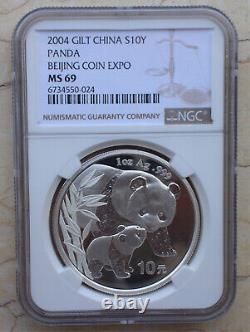 NGC MS69 2004 Chine 1oz Pièce d'Argent Panda de Beijing Coin Expo