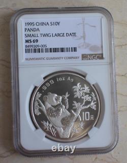 NGC MS69 Chine 1995 1oz pièce en argent Panda (Petite branche grande date)