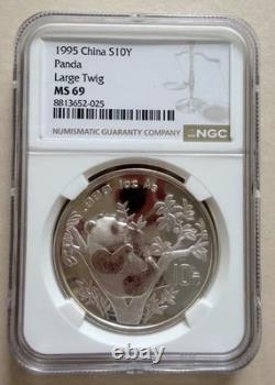 NGC MS69 Chine 1995 Grande Date Grande Branche Panda en argent 1 oz 10 yuans