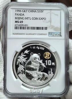 NGC MS69 Chine 1996 Foire Internationale des Timbres et des Monnaies de Pékin Expo Pièce en Argent Panda