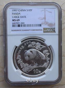 NGC MS69 Chine 1997 Argent 1oz Panda Coin (Grande Date)