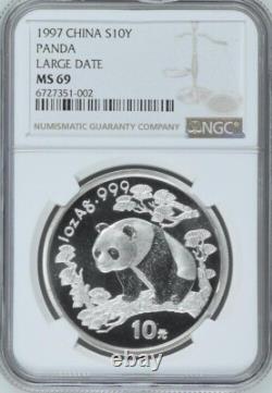 NGC MS69 Chine 1997 Panda en Argent 1oz Date Grande