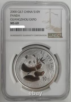 NGC MS69 Chine 2000 Exposition de Timbres de Guangzhou Pièce en Argent Panda 10 Yuan 1oz