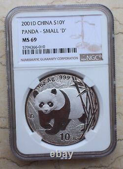 NGC MS69 Chine 2001 1oz Pièce en Argent Panda avec D Mark (Variété Rare Petit 'D')