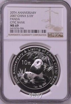 NGC MS69 Chine 2007 la 20e anniversaire de la pièce d'argent Panda de la Banque CITIC 1oz