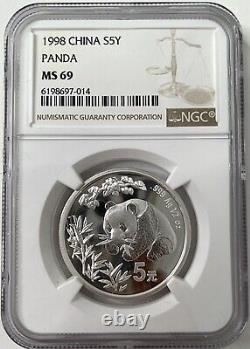 NGC MS69 Chine 5 yuan 1/2 once pièce 1998 Chine Panda pièce d'argent