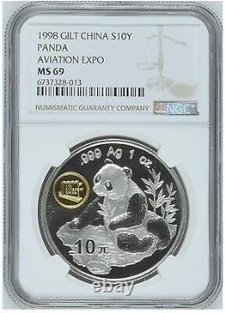 NGC MS69 Pièce en argent Panda de Chine 1998 1oz - Expo Aéronautique