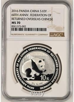 NGC MS70 2016 Fédération des Chinois d'Outre-Mer 60e Anniversaire 30g Pièce en Argent Panda COA