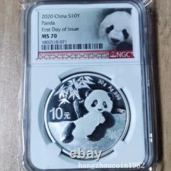 NGC MS70 2020 Chine 10 YUAN Pièce en Argent Panda 30g Ag. 999 Première Jour d'Émission