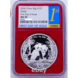NGC MS70 2026 Chine 10 YUAN Panda Pièce en Argent Souvenir 30g Première Jour d'Émission