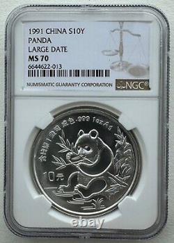 NGC MS70 Chine 1991 Grande Date Panda Pièce d'argent 1oz 10 Yuan