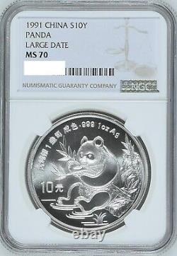 NGC MS70 Chine 1991 Panda Argent Grande Date 1oz 10 Yuan