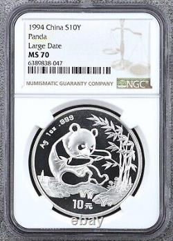 NGC MS70 Chine 1994 Grande Date Panda Pièce en Argent 1oz 10 Yuan PZ Surface