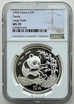 NGC MS70 Chine 1994 Panda en Argent Grande Date 1oz 10 Yuan avec COA