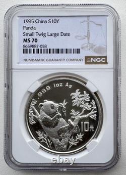 NGC MS70 Chine 1995 Monnaie de Shenyang Petite brindille Grande date Panda en argent 1 oz