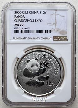 NGC MS70 Chine 2000 Exposition de Timbres de Guangzhou Pièce Panda en Argent Doré 10 Yuan 1oz