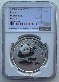 NGC MS70 Chine 2000 Panda 1oz Pièce d'argent 10 Yuan avec anneau givré