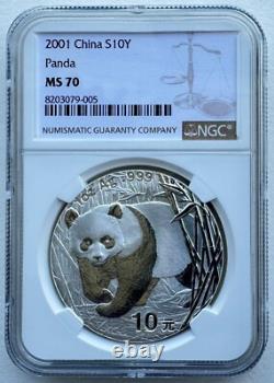NGC MS70 Chine 2001 No D Panda Pièce en Argent 1oz 10 Yuan Sans Marque D