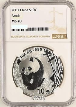 NGC MS70 Chine 2001 Sans D Pièce Panda 1 oz Argent 10 Yuan