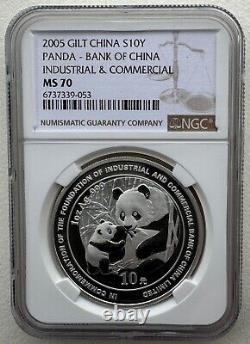 NGC MS70 Chine 2005 Banque Industrielle Commerciale Panda Pièce en Argent 1 oz 10 Yuan