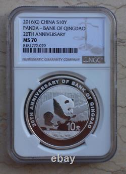 NGC MS70 Chine 2016 Pièce en argent 30g Panda 20e Ann. de la Banque de Qingdao